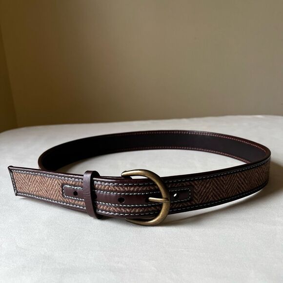 Vintage GAP Tweed Wool Leather Trim Belt Brown Brass Buckle Preppy Heritage L - Picture 1 of 6